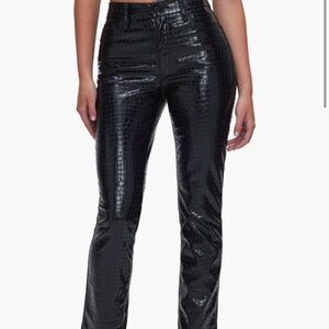Good American Shiny Black Croc-Patterned Flare Pants